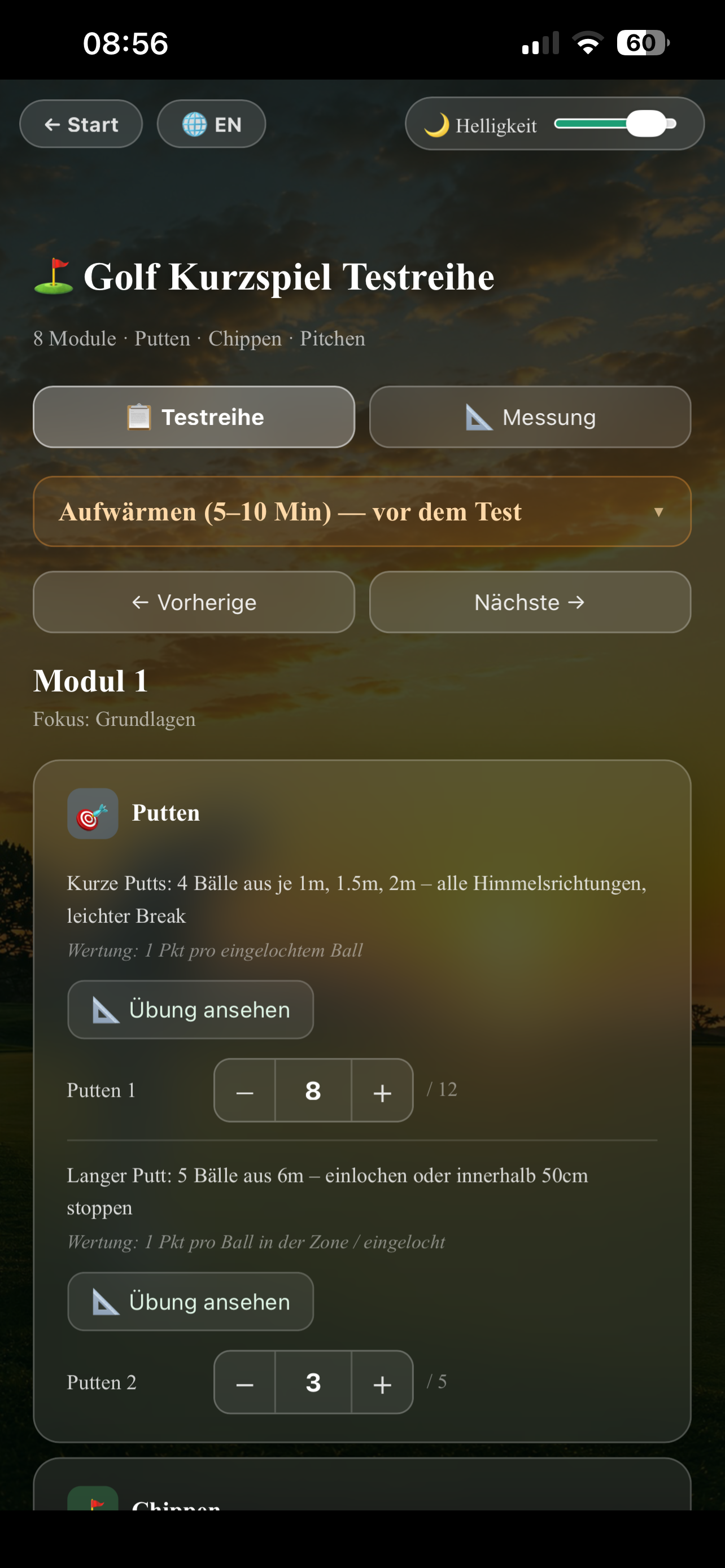 Übersicht der Testreihen in der App